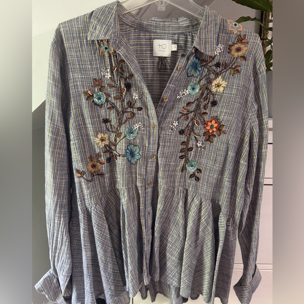 Anthropologie Blue Striped Peplum Tunic with Multicolor Floral beading